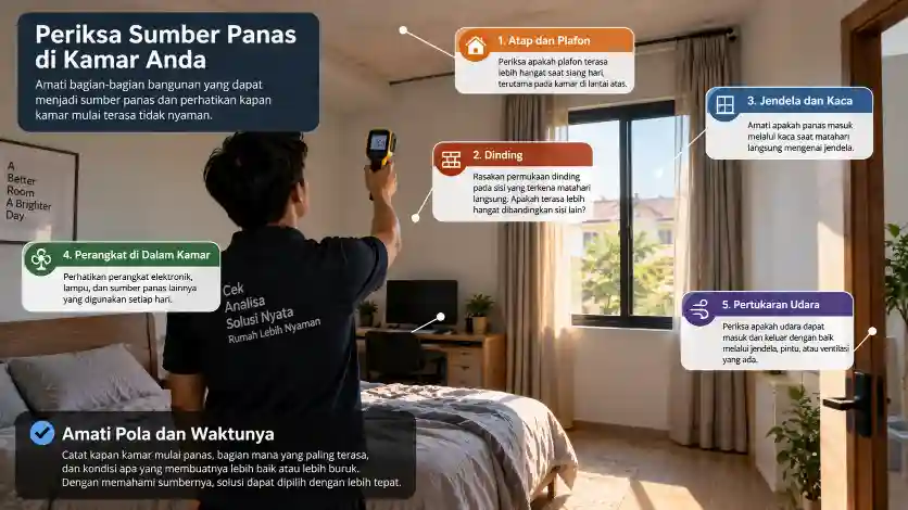 Pemeriksaan sumber panas kamar dengan melihat kondisi plafon dinding jendela dan aliran udara
