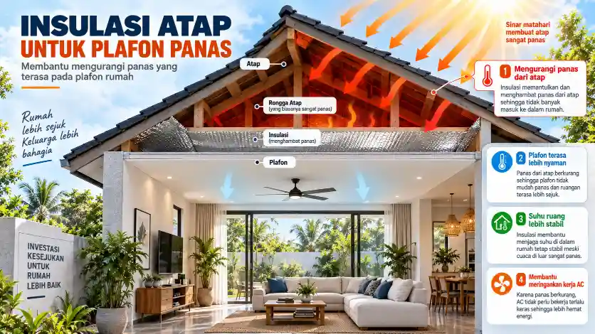Insulasi atap membantu mengurangi panas yang terasa pada plafon rumah
