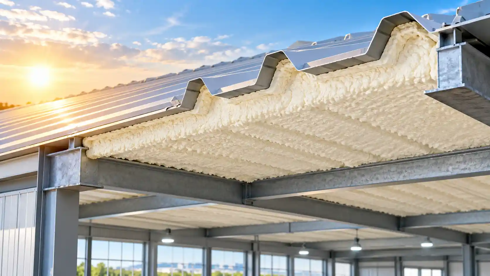 Lapisan polyurethane spray foam pada permukaan atap