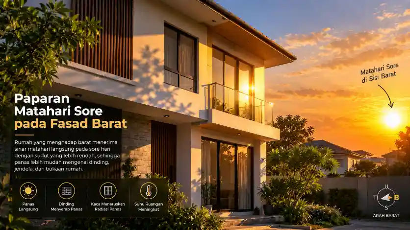 Paparan matahari sore langsung mengenai fasad rumah yang menghadap barat