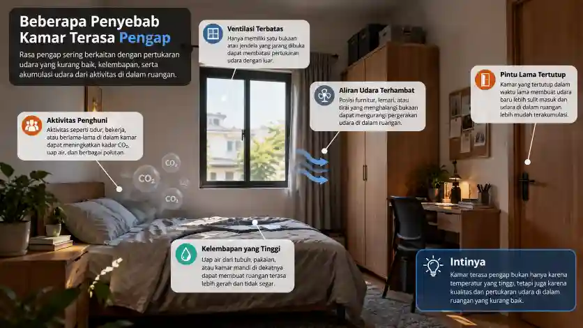 Kamar dengan jendela terbuka tetapi pertukaran udara di dalam ruangan kurang efektif