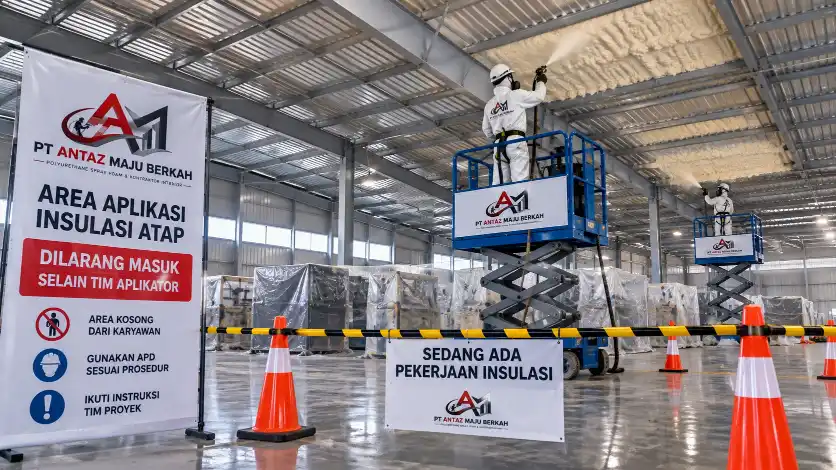 Persiapan area proyek insulasi atap sebelum proses penyemprotan spray foam