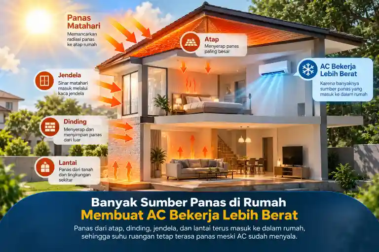 Sumber panas dari atap dinding dan jendela yang menambah beban kerja AC