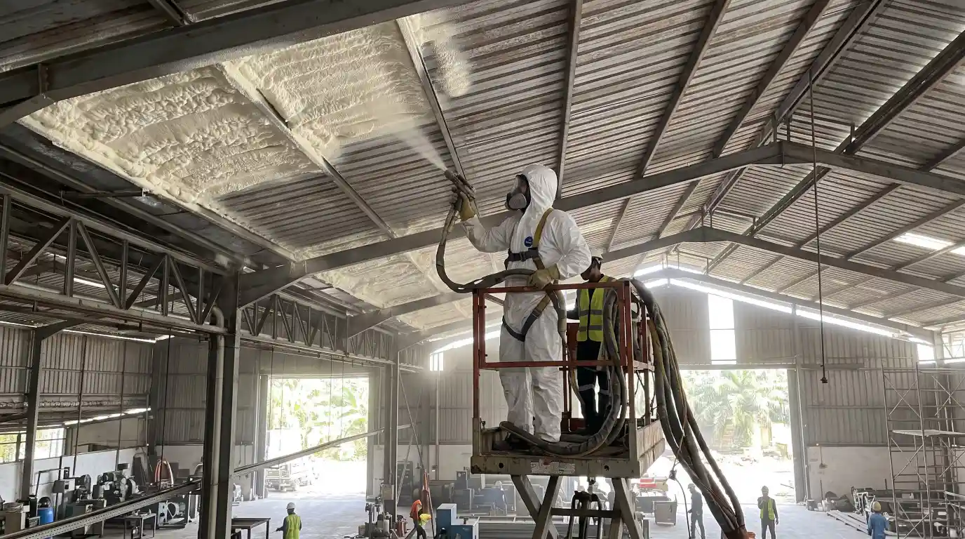 Pengerjaan oleh aplikator polyurethane spray foam Sumatera Utara pada roof deck