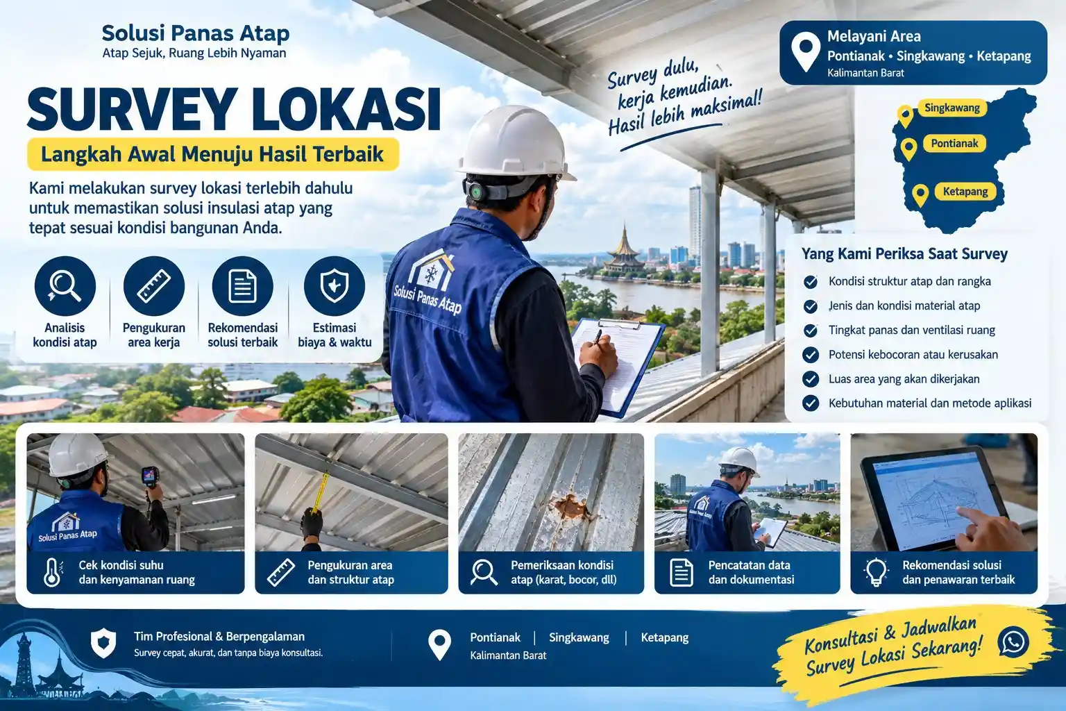 Ilustrasi tahap survei dan aplikasi polyurethane spray foam pada atap, dimulai dari survei lokasi hingga pengecekan hasil