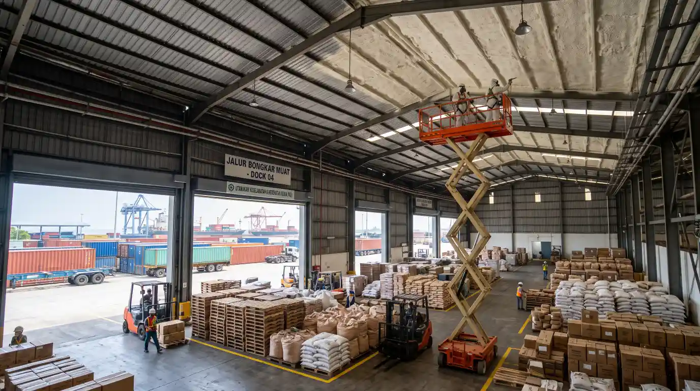 Polyurethane spray foam atap gudang logistik pelabuhan Sumatera Utara